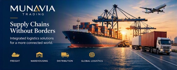 Cargo ship, container terminal, freight truck and aircraft at sunset