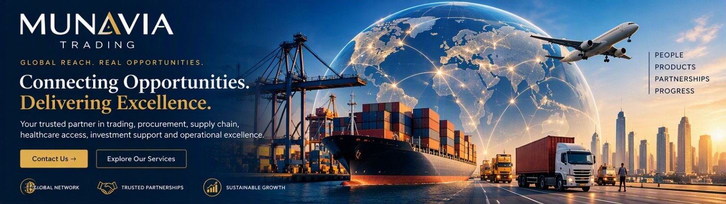 Container port, cargo ship, freight truck and aircraft in front of a world network graphic