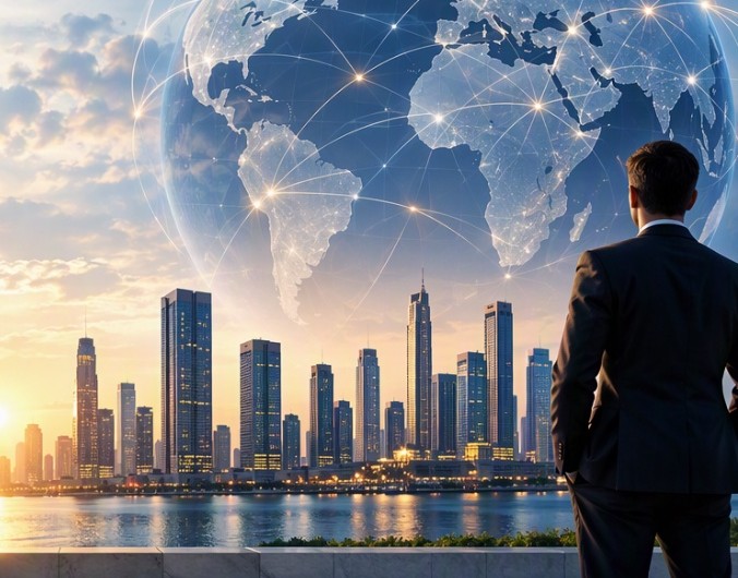 A businessman looks out over a harbour city toward a glowing globe of connected markets
